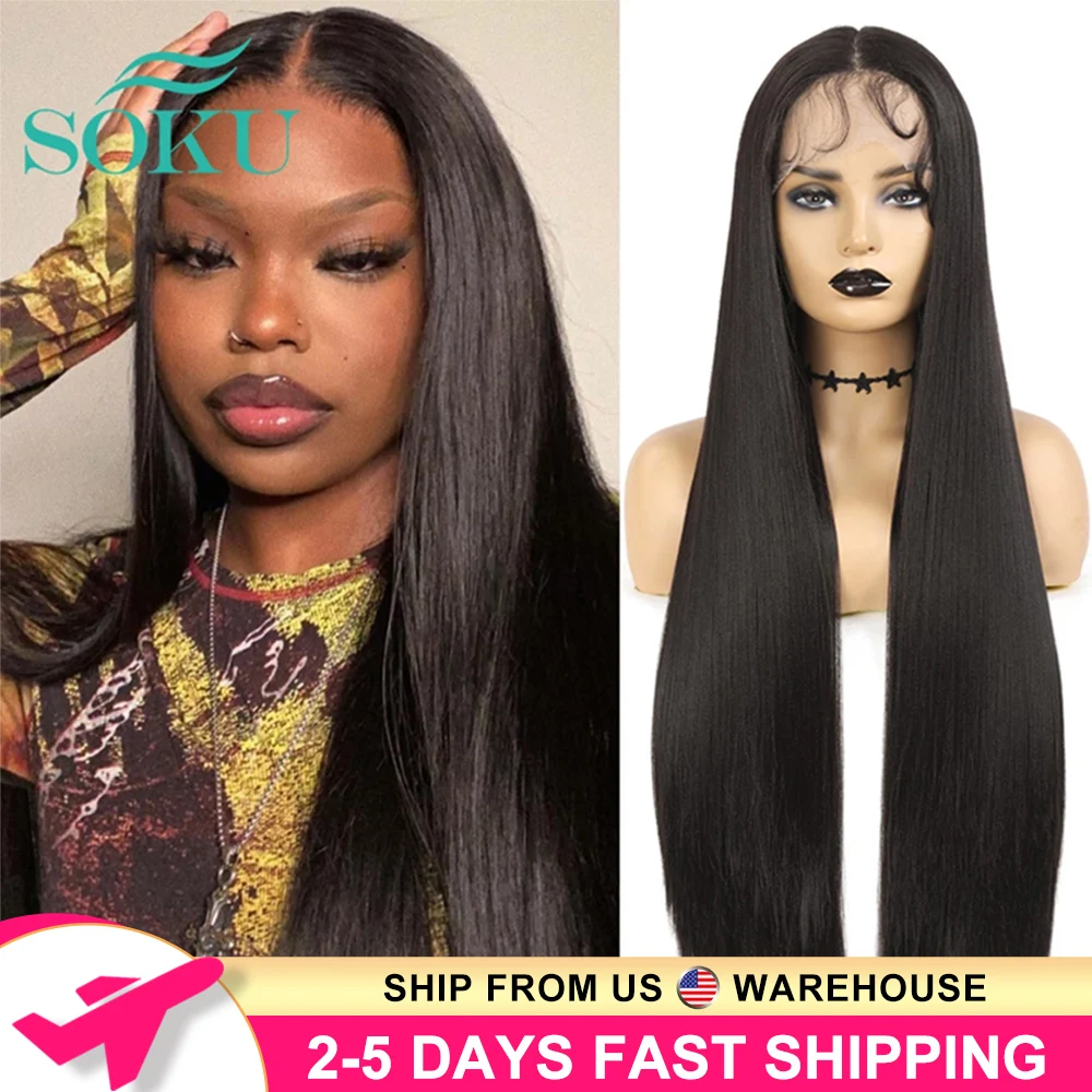 SOKU Synthetic Lace Front Wigs For Black Women 32 Inch Smooth Middle Part Long Straight Lace Wig With Baby Hair Heat Resistant