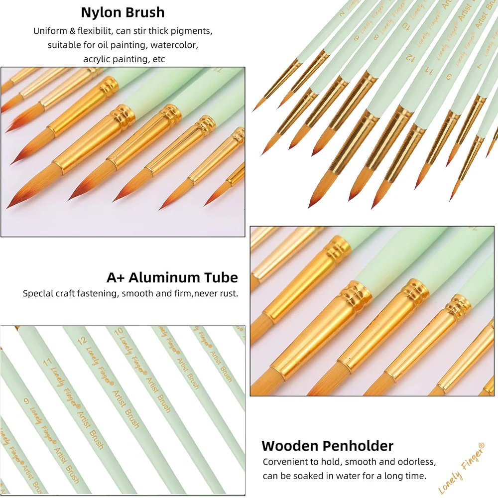 12 pcs Professional Paint Brush Round Pointed Tip Nylon Hair Artist Acrylic Brush for Acrylic Watercolor Oil Painting Body Paint 3