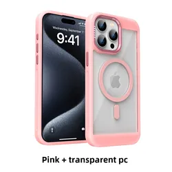 Premium Magnetic Metal Frame Bumper Protection Case with Magsafe Compatibility and Translucent Acrylic Design - iPhone 15 (Pink)