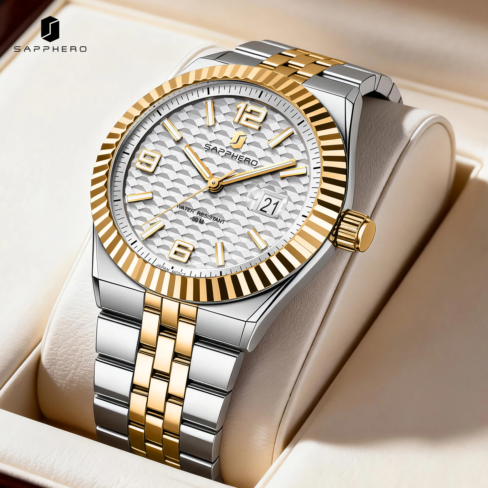 SAPPHERO Herren Quarzuhr, Edelstahlarmband, Datumsanzeige & Leuchtzeiger, 50M Wasserdicht, Business-Luxusuhr für Freizeit, Elegantes Geschenk für Männer – Detail 9
