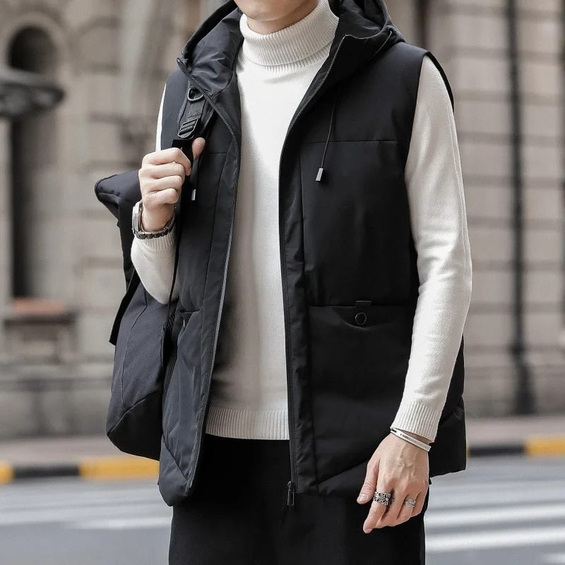

Новинка 2024, мужские зимние жилеты, Жилеты с капюшоном, толстые жилеты, водонепроницаемые пальто без рукавов с хлопковой подкладкой, жилеты, модели E822