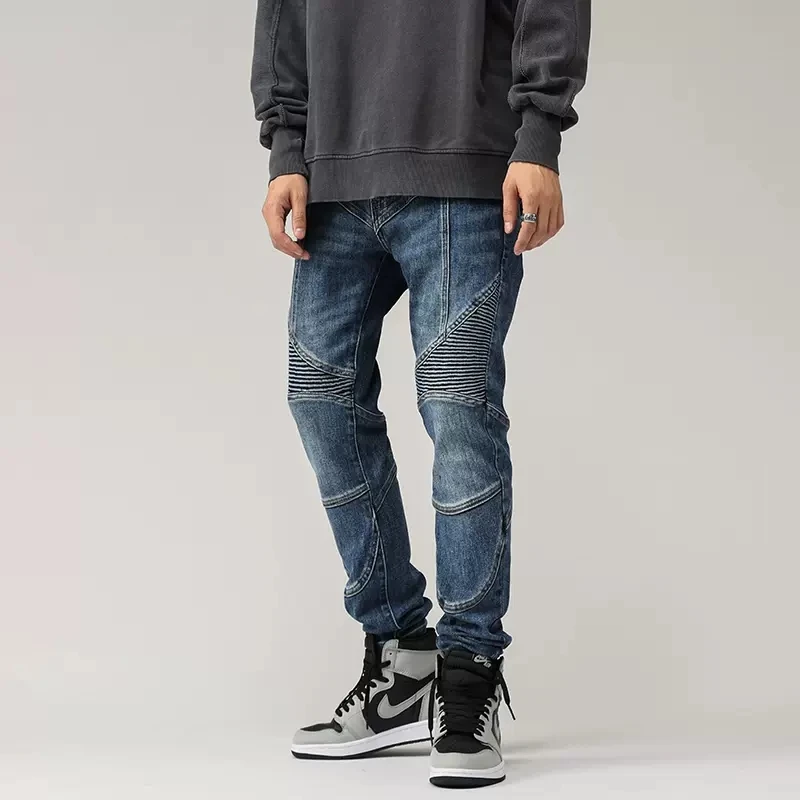 High Street Fashion Men Jeans Retro Blue Elastic Stretch Slim Fit Biker Jeans Men Spliced Designer Hip Hop Denim Pants Hombre