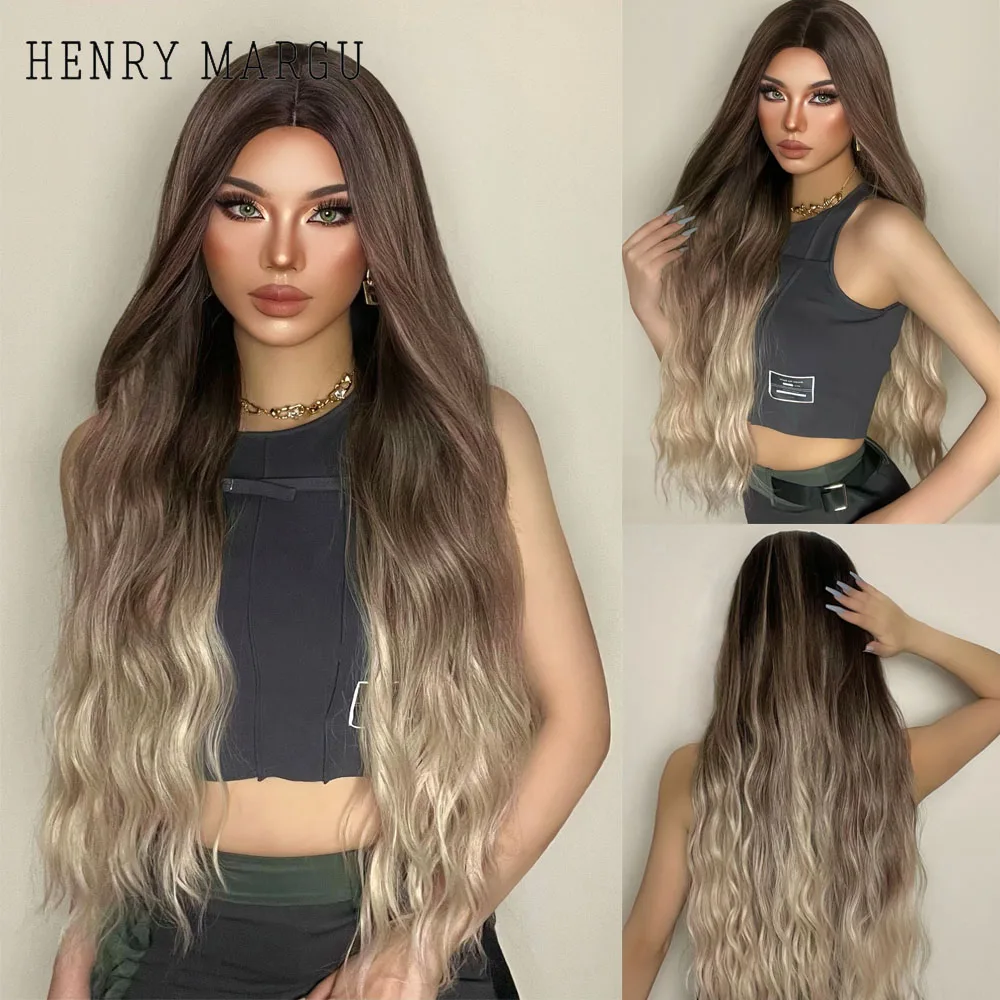 HENRY MARGU – perruque synthétique bouclée longue pour femmes, perruque Afro Ombre brune Blonde cendrée avec raie centrale, perruque faux Hai résistante à la chaleur pour fête Cosplay