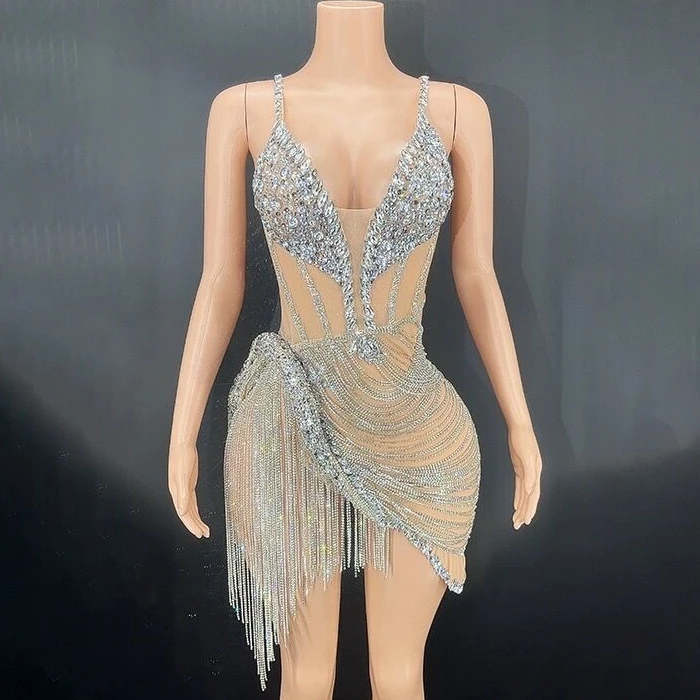 

Flashing Rhinestones Tassels Apricot Color Sexy Sheath Mini Dress Birthday Celebrate Evening Party Costume Nightclub Stage Wear