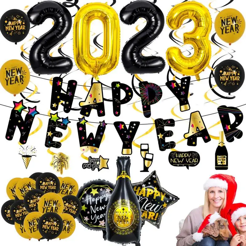 

Happy New Year 2023 Ballon Round 2023 Happy New Year Foil Balloons Set Easy To Assemble 2023 New Years Eve Party Decoration