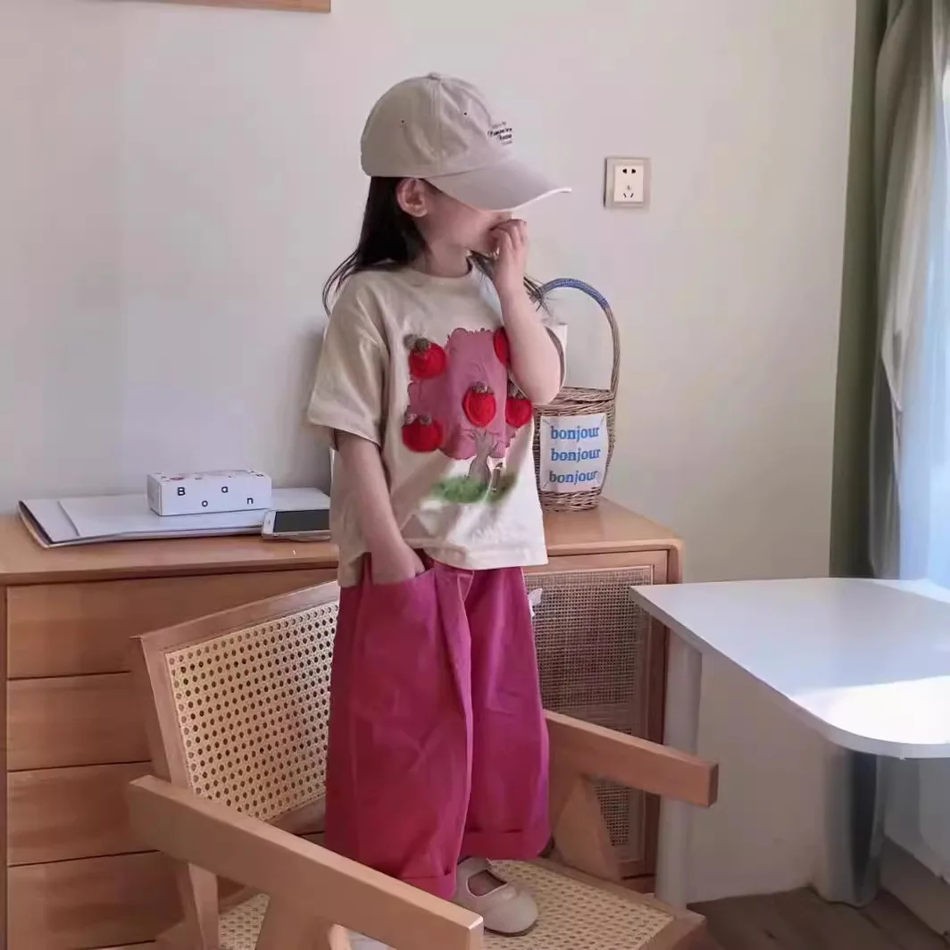 

Toddler Girl 2PCS Clothes Set 2-6 Year Summer 3D Apple Tree Short Sleeve Loose Tees Pink Straight Pants Suit Little Girl Outfits