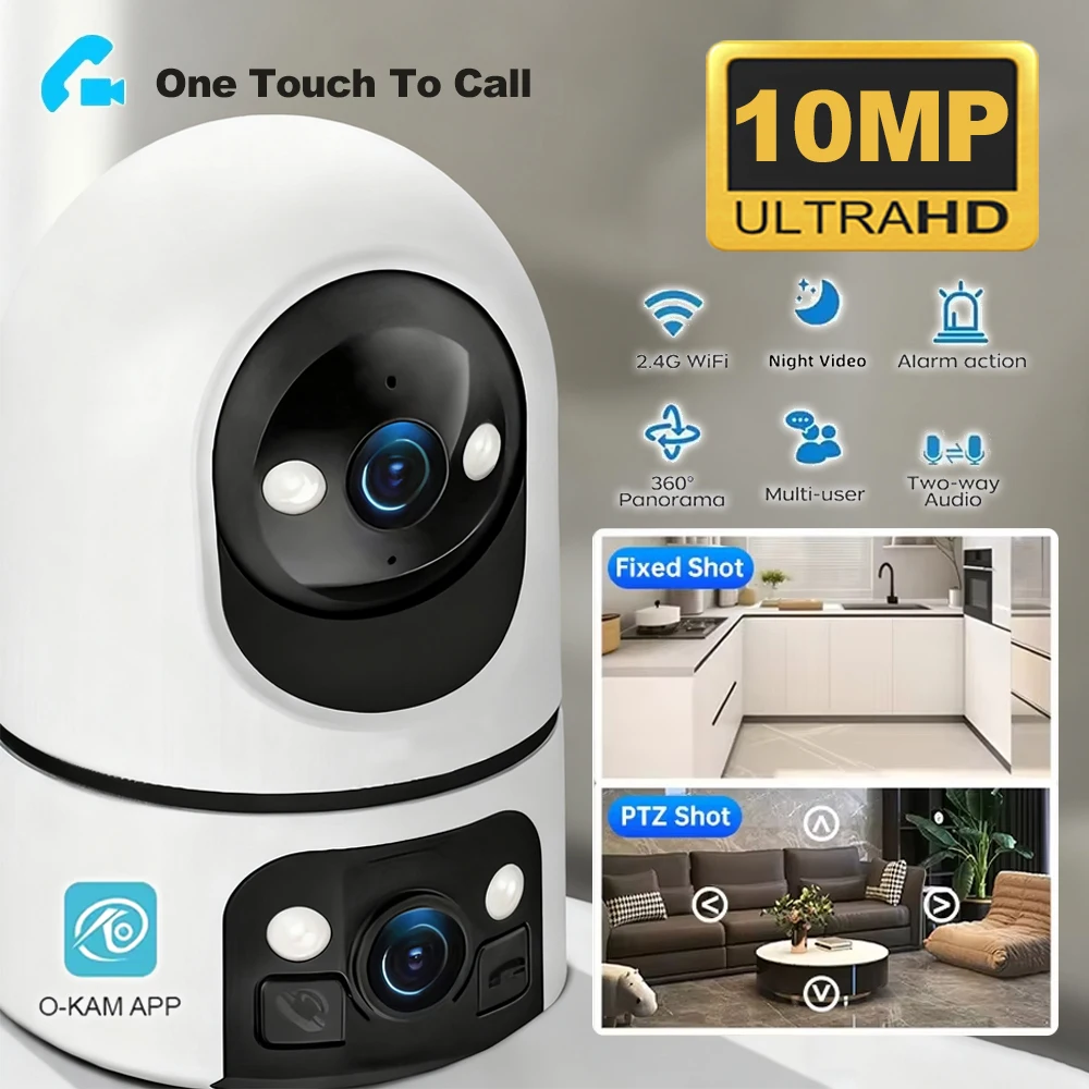 10MP Tuya WiFi Smart Camera per interni 5K UHD Doppio schermo Obiettivo Visione notturna a infrarossi Rilevazione del movimento Traccia automatica Audio bidirezionale Tuya