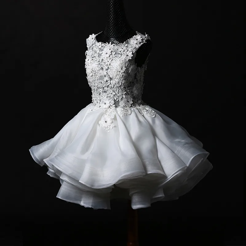 

sexy see through button 2018 lace appliques short organza ruffles brides Fashion vestidos ball bridal gown bridesmaid dresses