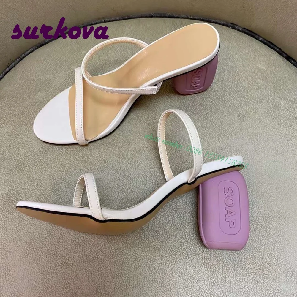 

One Strap Solid Slippers White Round Toe Chunky Heels Women's Slippers Summer 2022 New Designer Casual Outside Leather Sexy Shoe