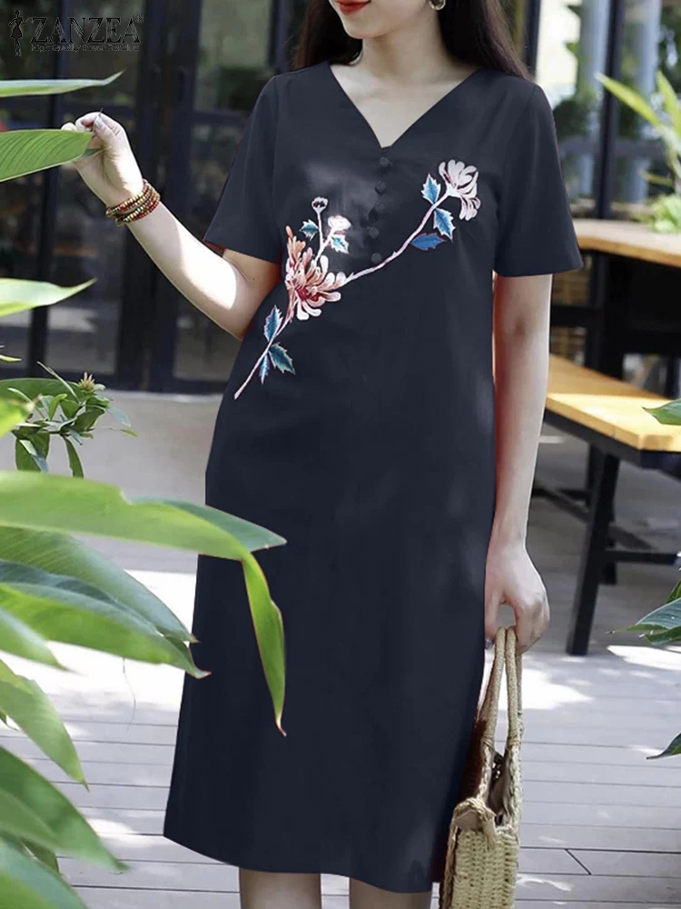 

ZANZEA Women Holiday Knee-length Dress Short Sleeve Vintage V Neck 2024 Summer Sundress Floral Embroidery Casual Buttons Vestido
