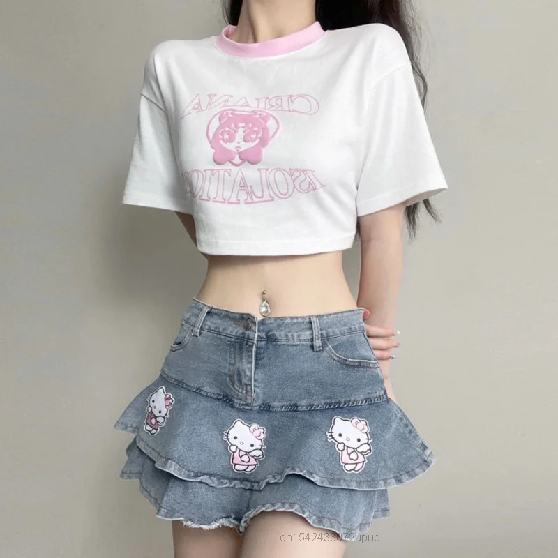 Top de camisola com zíper Sanrio Hello Kitty feminino, fato retrô de saia  plissada, impressão irregular de malha tipo slim, linha A, novo, verão -  AliExpress