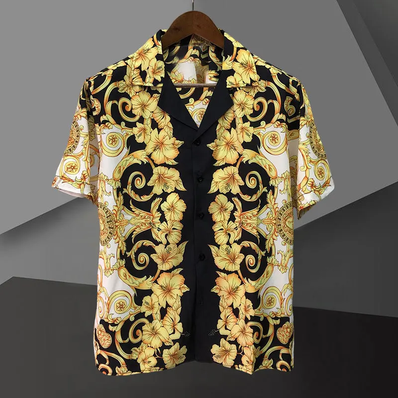 

2023 Luxury Black Gold Full Gold Flower Shirt Men Casual Shirt Camisa Masculina Slim Triangle Print Shirt Dress Men Short Sleeve