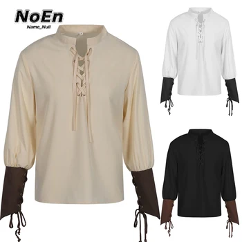 European and American Men's Renaissance Clothing Shirt Medieval Steampunk Pirate Top with Viking Male Pirate Clothing Vest Shirt