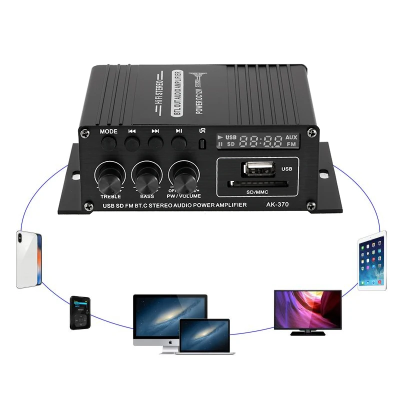 가정용 자동차 오디오 클래스 D 원격 제어 FM 라디오 AUX USB SD, AK380, AK370, AK170, 400W * 2, 2 채널 블루투스 HiFi 파워 앰프
