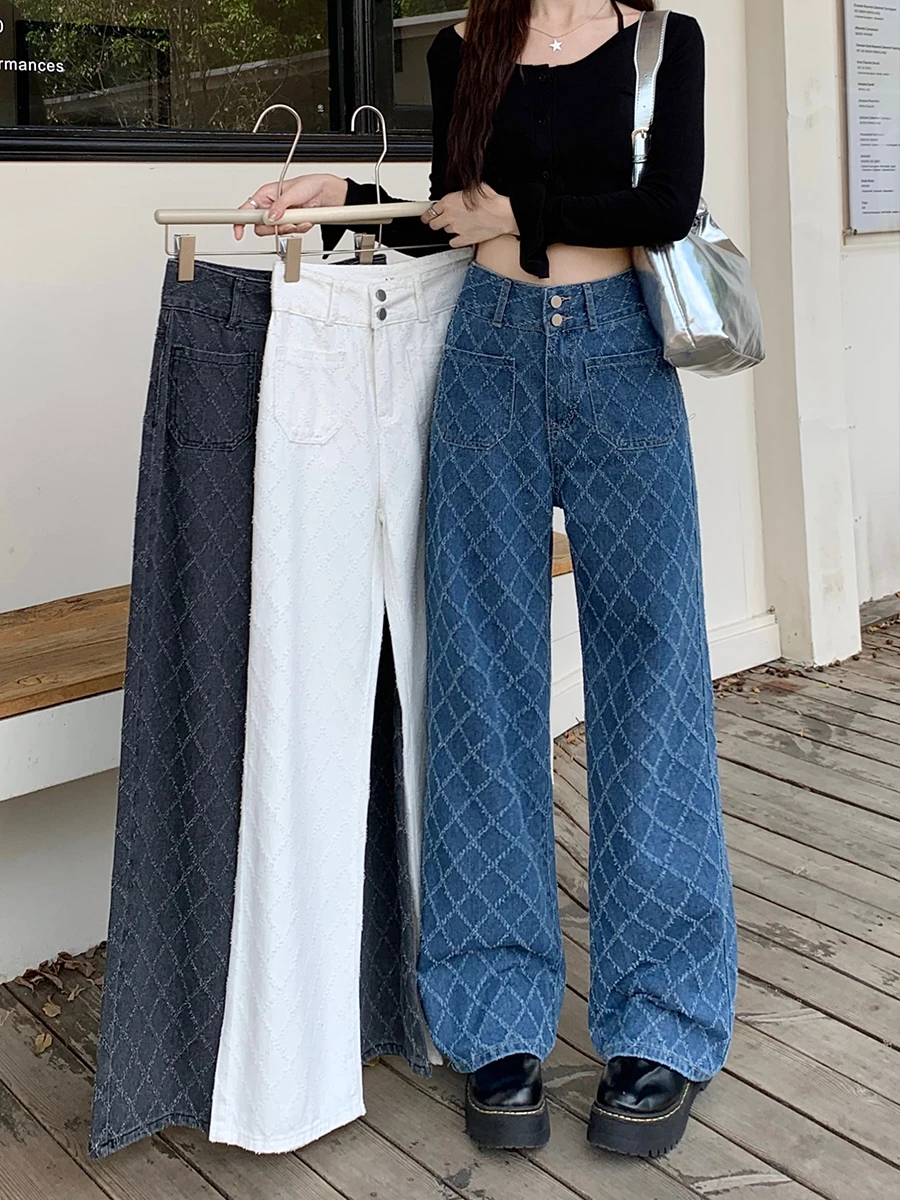 

Blue Check Jeans For Women American Retro Full Length Trousers Fashion Baggy jeans y2k traf official store Women's pants