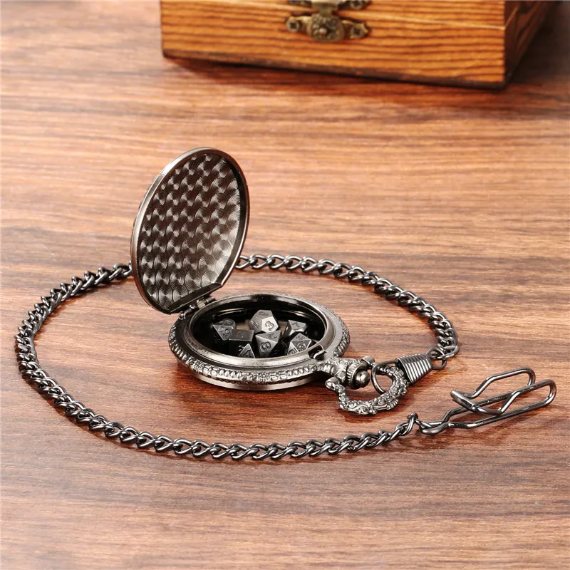 Pocket Watch Chain Creative Pendant Wolf Pocket Watch Case with Pendant Chain 7pcs/set Metal Polyhedral Dice for Dragon Role Play Gaming Dices