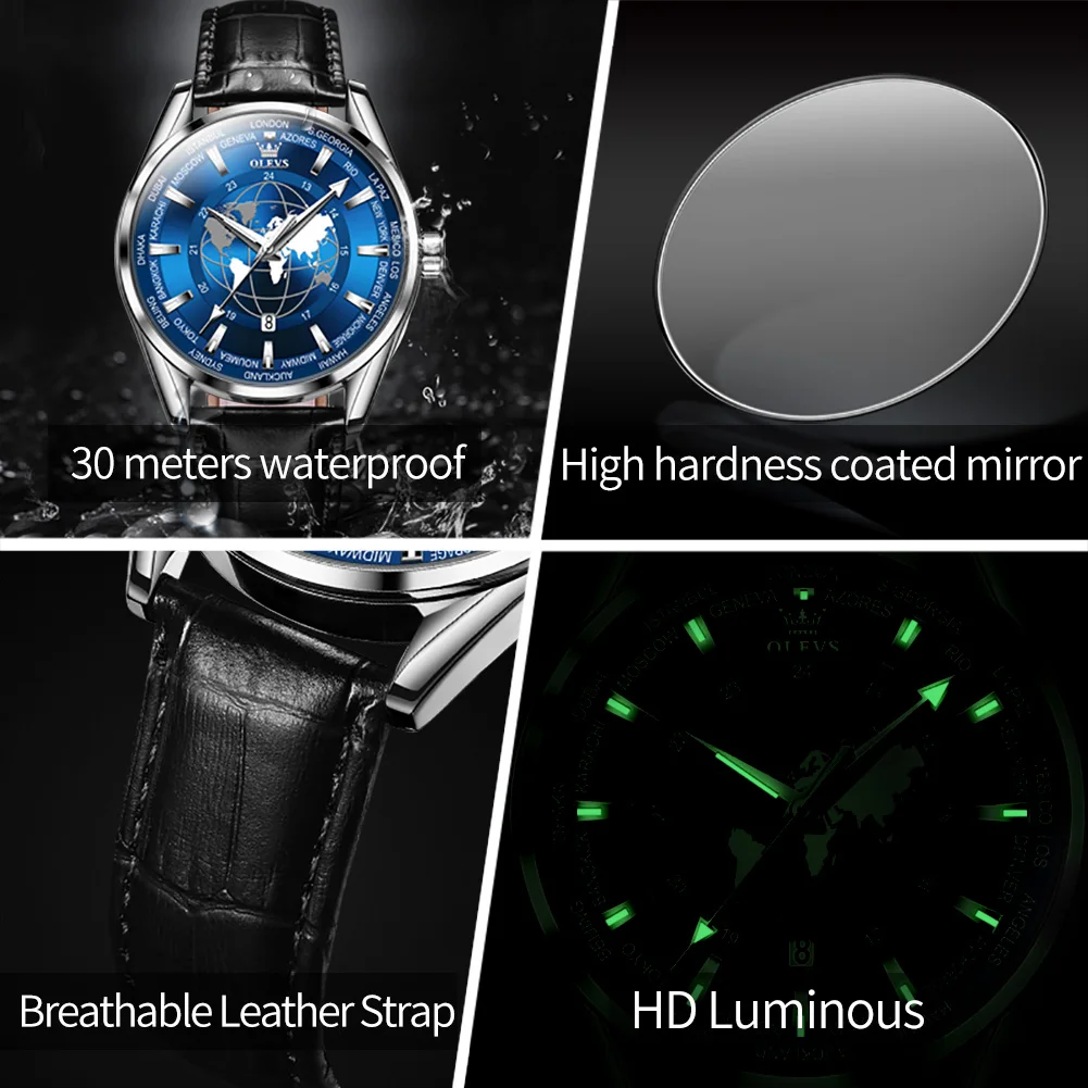 OLEVS New Blue Globe Dial Quartz Watch for Mens Watches Top Brand Luxury Male Clock Waterproof Luminous Calendar Wristwatch Men