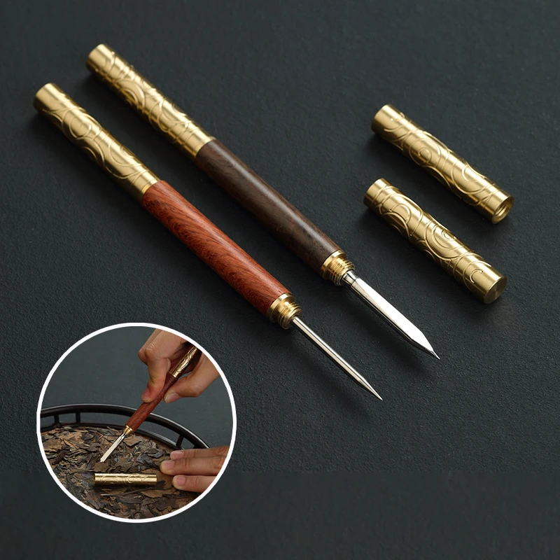 Double Head Tea Knife Needle Puer Tea Cake Knife with Cover Wooden Pole Stainless Steel Tea Cube Cutters Brick Tools Accessories