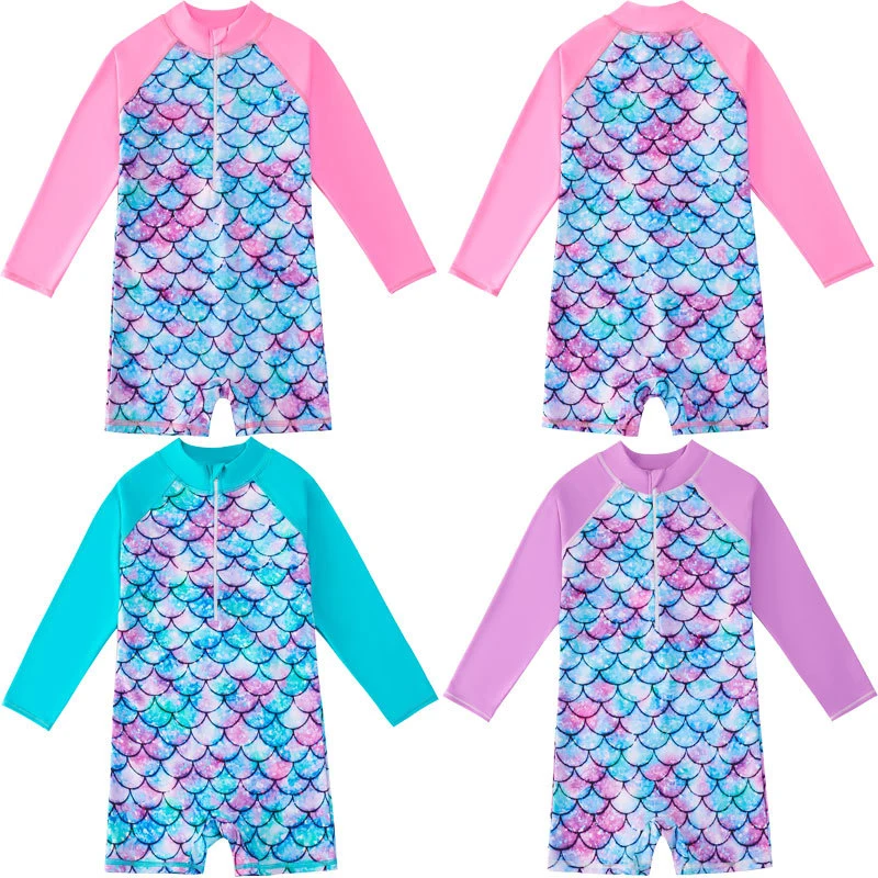 

Swimsuit Mermaid Girls Swimwear One Piece with Long Sleeve Sun Protection Middle Child Swimming Bathing Suits Surfing Beachwear