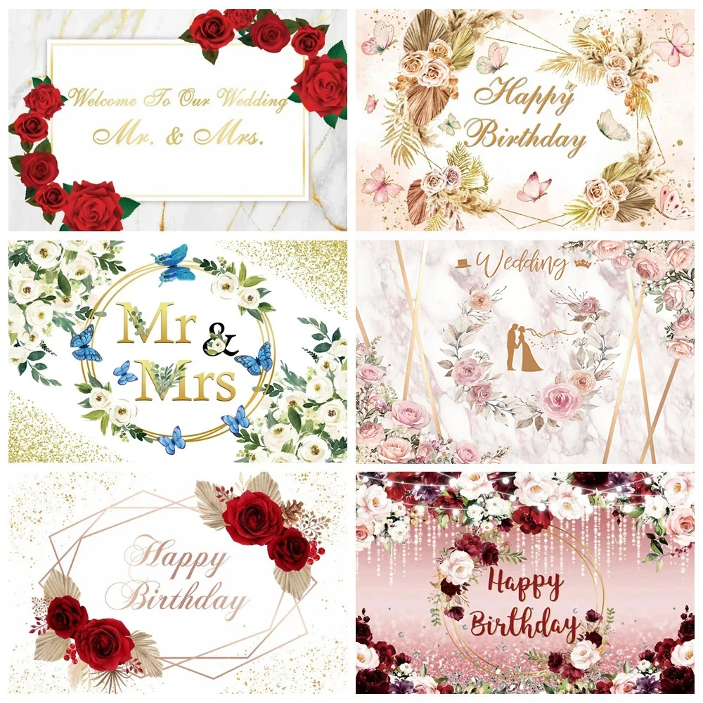 Happy Birthday Name Photography Background Flower Wreath Blooms Wedding Ceremony Baby Shower Party Photographic Backdrop