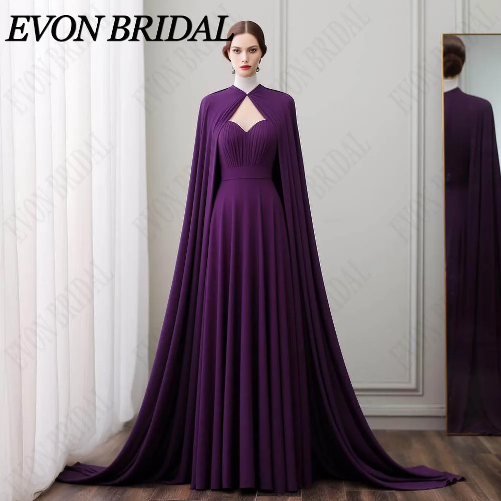 

EVON BRIDAL Chiffon Arabic Evening Dresses For Women Dubai Party With Cape Prom Gown A Line Purple Sweetheart Neck فساتين السهرة