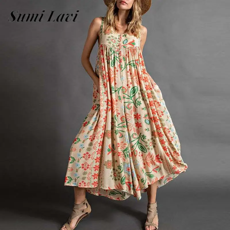 

Женский комбинезон без рукавов в стиле бохо, летний Свободный комбинезон с V-образным вырезом, на пуговицах, с широкими штанинами, повседневный женский слитный комбинезон с карманами и принтом