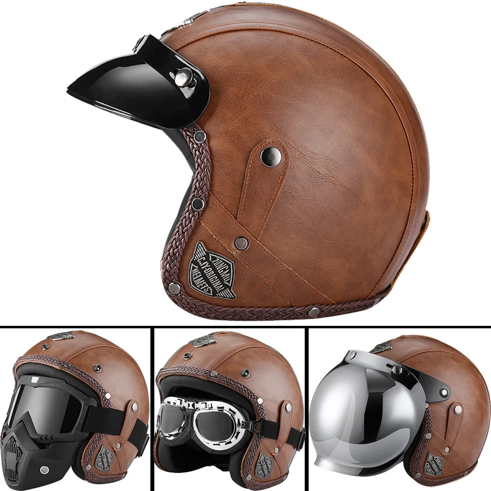 

Safety Open Face Helmet Chopper Bobble Style Vintage Motorbike Helmet 3/4 Jet Casque Casco Moto Leather Capacete Moto Unisex Dot