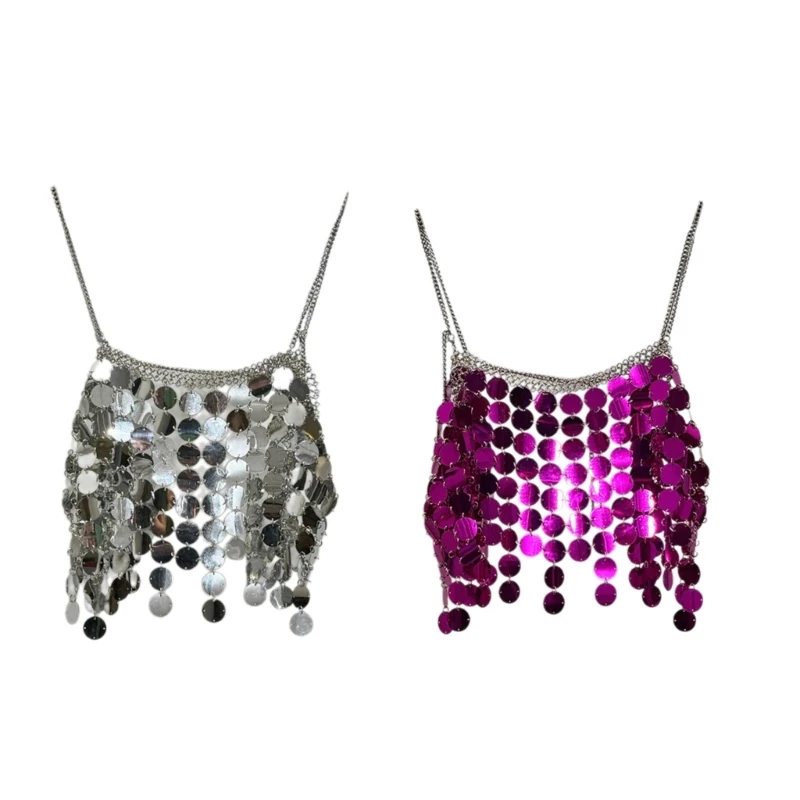 

Womens Metallic Sequins Tassels Crop Tube Top Sexy Backless Body Chain Camisole Festival Nightclub Party Outfit N7YD