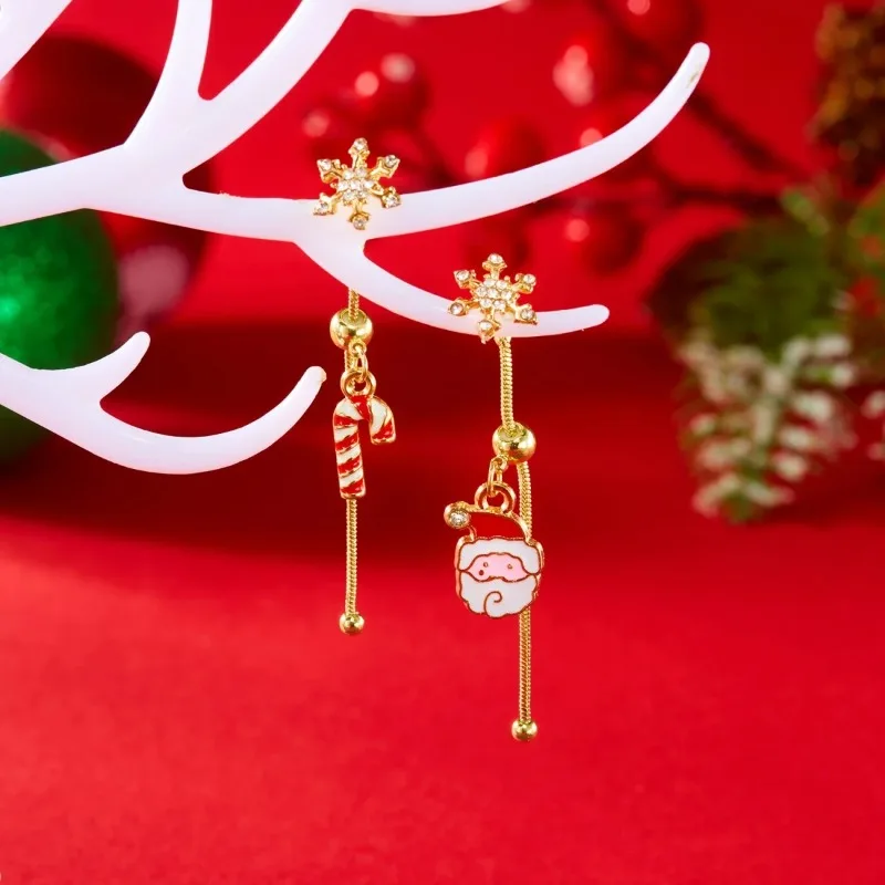 Sweet Christmas Sliding Earrings Santa Claus Snowflake Tree Snowman Bell  Asymmetric Dangle Earring Jewelry for Women