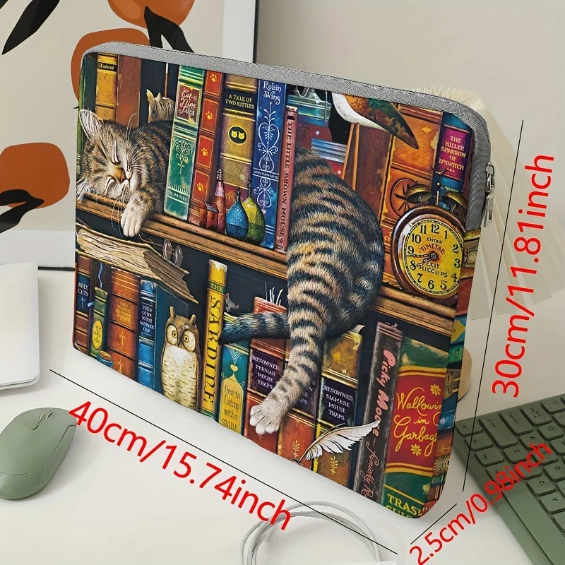 1, cat and bookshelf pattern laptop bag, briefcase, suitable for 15 inch laptops, fixed laptop bag (without handheld)