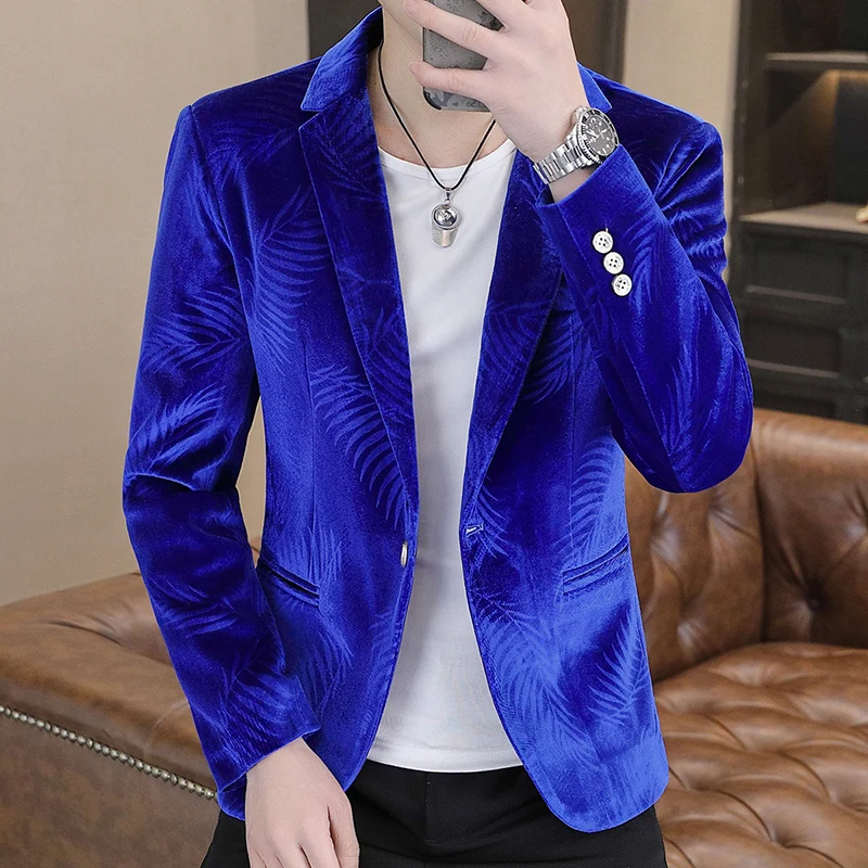 Fashion Men Luxury Gold Velvet Suit Jacket Blue / Khaki / Purple Male Trend Wedding Prom Party Slim Fit Dress Blazers Coats