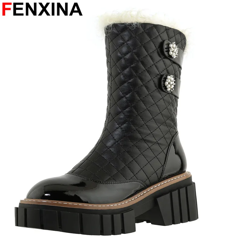 

FENXINA Genuine Leather Wool Snow Boots Square High Heels Mid Calf Boots String Bead Zipper Platform Warm Winter Boots