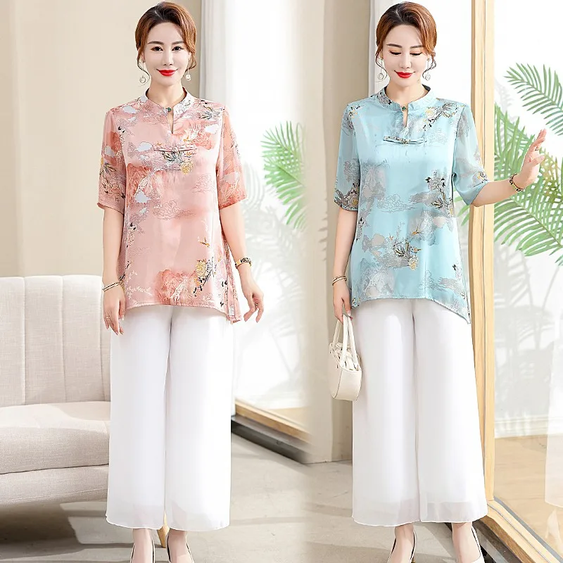 

Vintage Summer Casual Printed V-Neck Chiffon Blouse Female Clothing Fashion Loose Commute All-match Short Sleeve Shirt