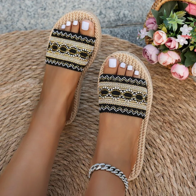 Women Slippers Outdoor Flat Designer Shoes Large Size Bohemian Ethnic...