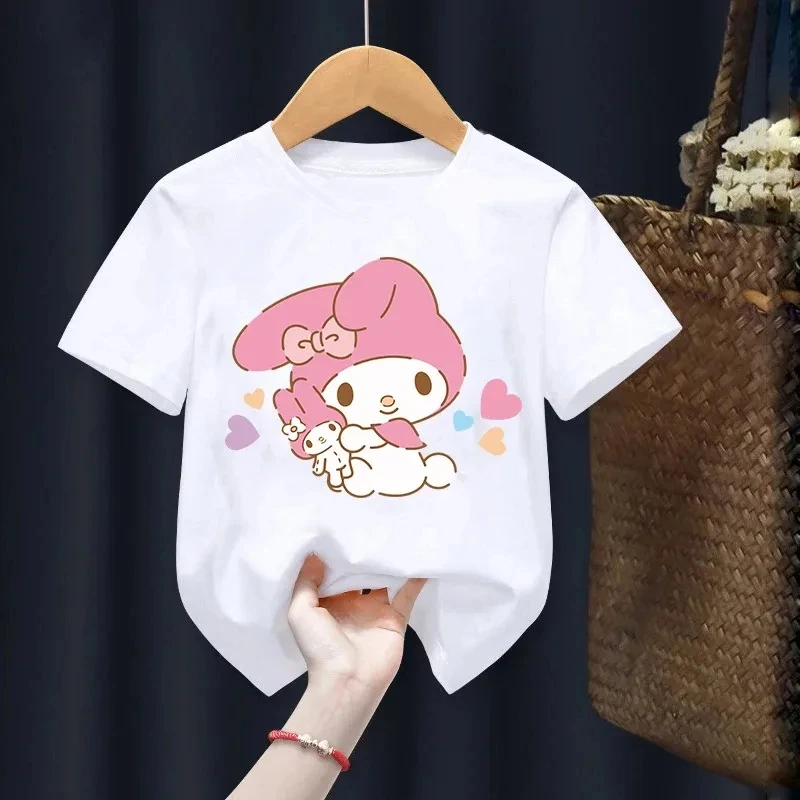 Kawaii Y2k 소녀용 마이 멜로디 티셔츠, 대형 하라주쿠 티, 어린이 티셔츠, 가족 매칭 의상