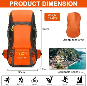 Hiking Backpack Waterproof 50L Lightweight Travel Backpack with Rain Cover for Camping Trekking Hiking Walking Outdoor Sports 3