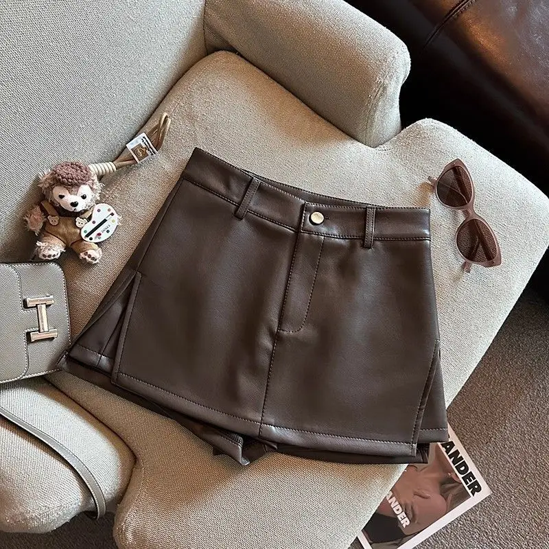 Vintage Braun PU Leder Röcke Weibliche Sexy Hot Mädchen Paket Hüfte Mini Rock Frauen Herbst Winter Hohe Taille Split Shorts Rock – Detail 3
