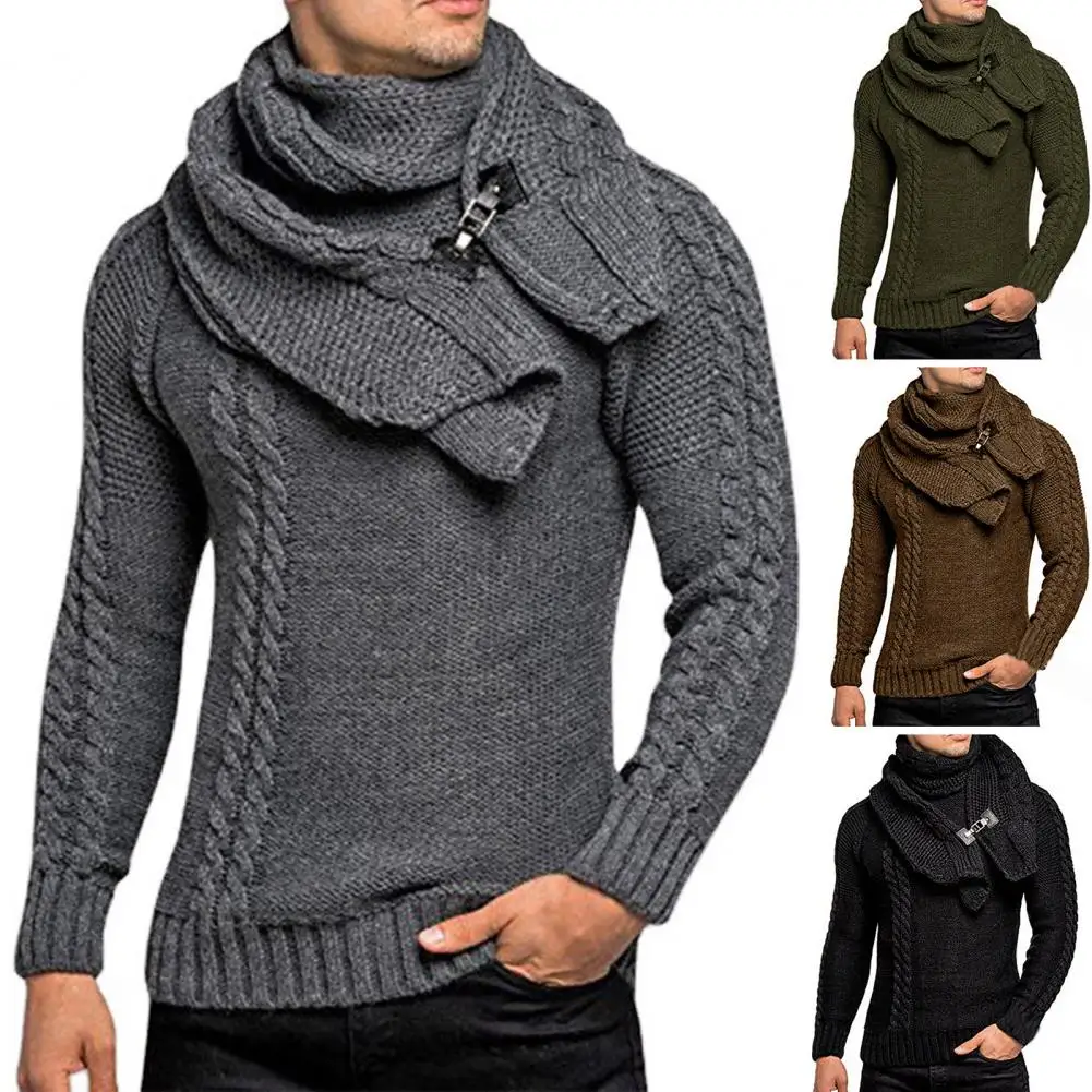 

2Pcs/Set O-Neck Long Sleeve Twist Ribbed Cuffs Men Sweater Scarf Autumn Winter Solid Color Thickened Warm Sweater Jumper Scarf