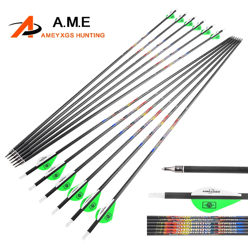 

6/12pcs 32.5" Pure Carbon Arrow Spine 250/300/350/400/500/600 Archery High Strength Recurve Compound Bow Hunting Shooting Arrows