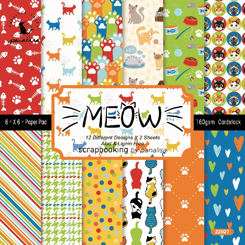 Panalisacraft 24 Sheets 6"x6" Meow Cute Cat Pet Scrapbook Paper