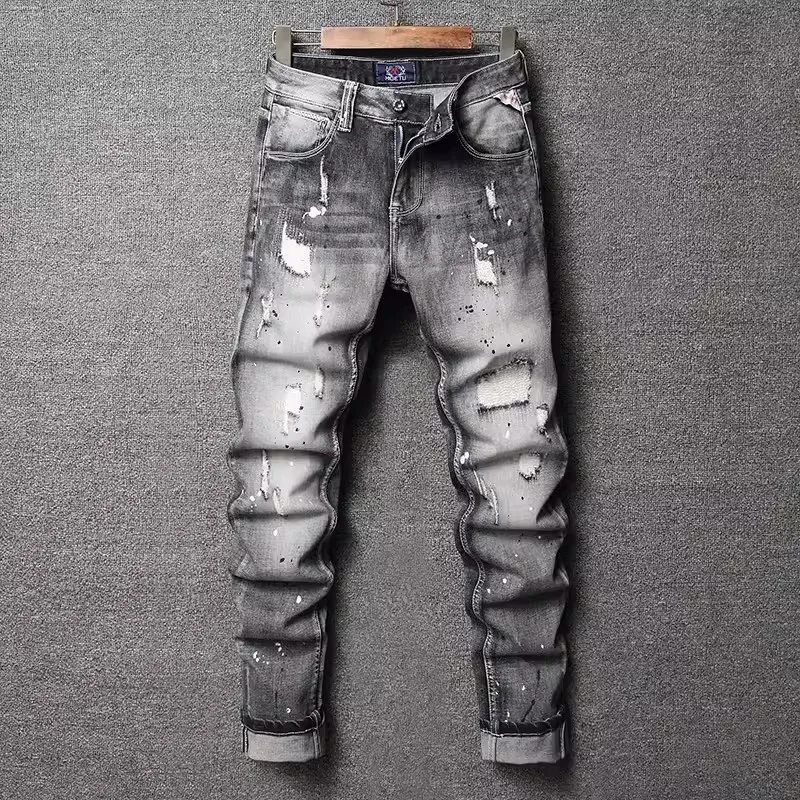 Street Fashion Men Jeans Retro Black Gray Stretch Slim Fit Patched Ripped Jeans Men Painted Designer Vintage Denim Pants Hombre