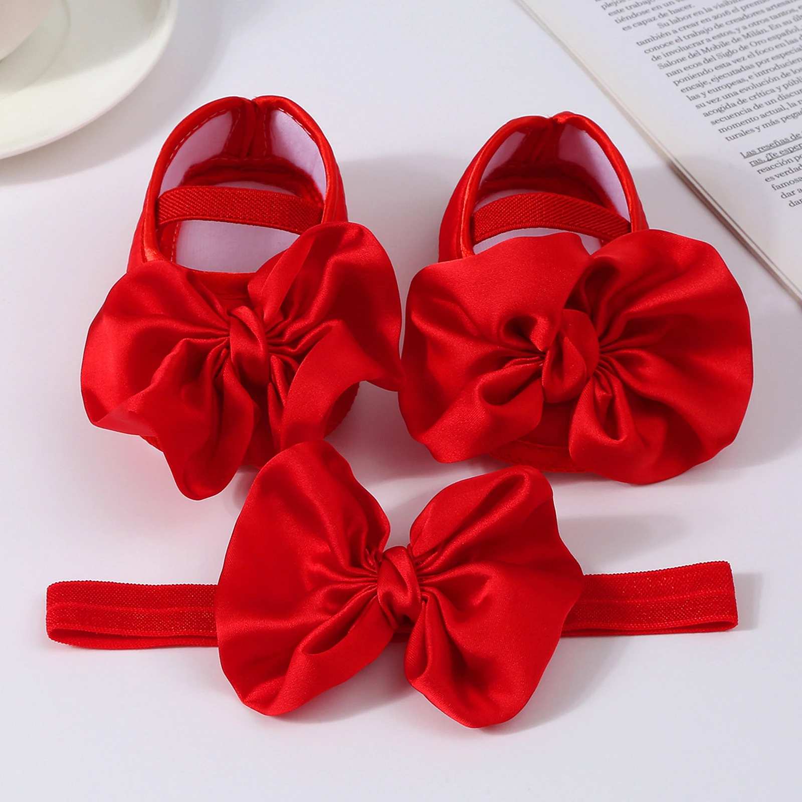 Baby Girls Shoes Cute Bowknot Mary Jane Flats Crib Shoes Princess Soft Non-Slip Walking with Headband Infant First Walker