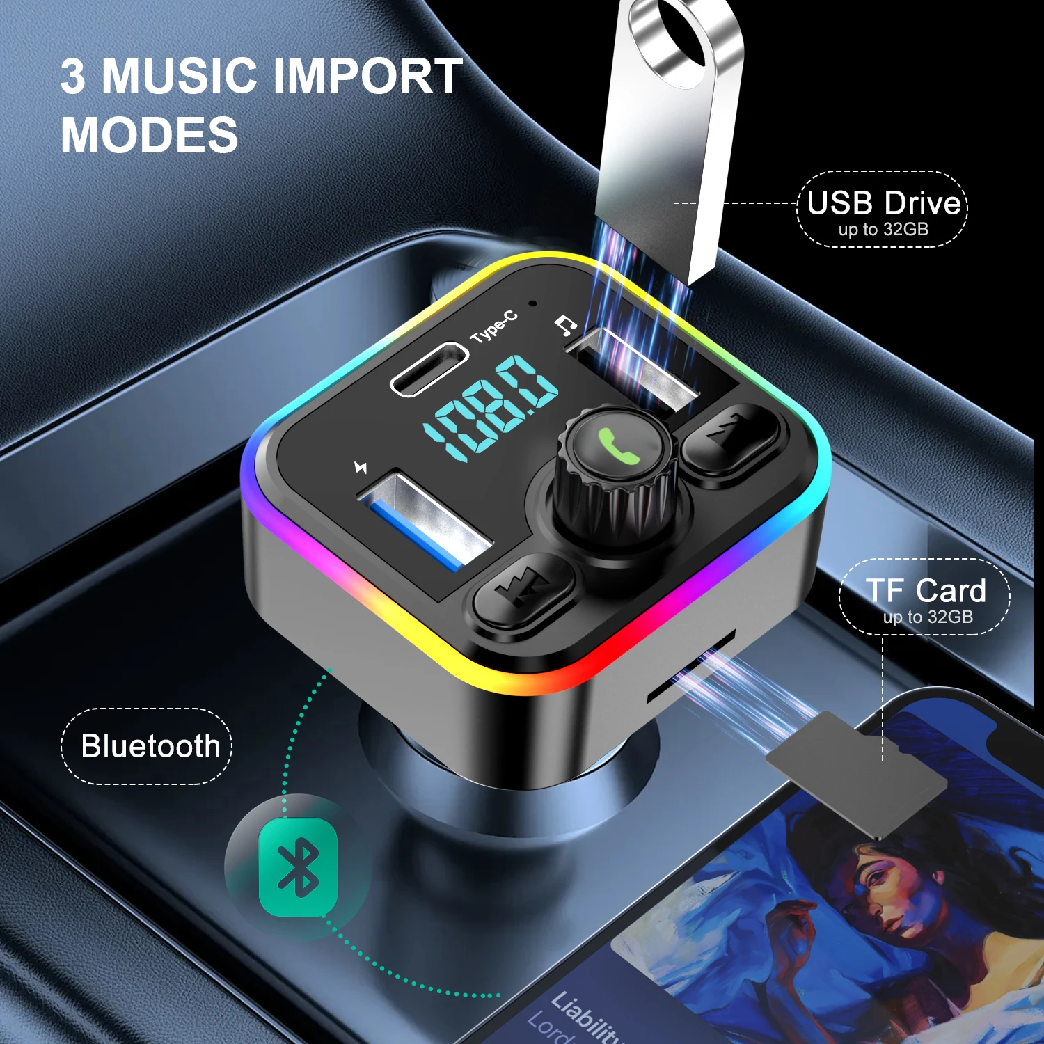 FM Transmitter Car MP3 Player Bluetooth 5.3 FM Transmitter Handsfree Car AUX Radio Modulator MP3 Player 20W & PD Fast Charge Adapter Car Accessories