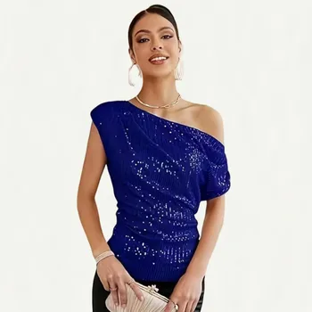 Sequins Glitter Beads Slant Neck Short Sleeve Summer European and American Style Women's T-Shirt