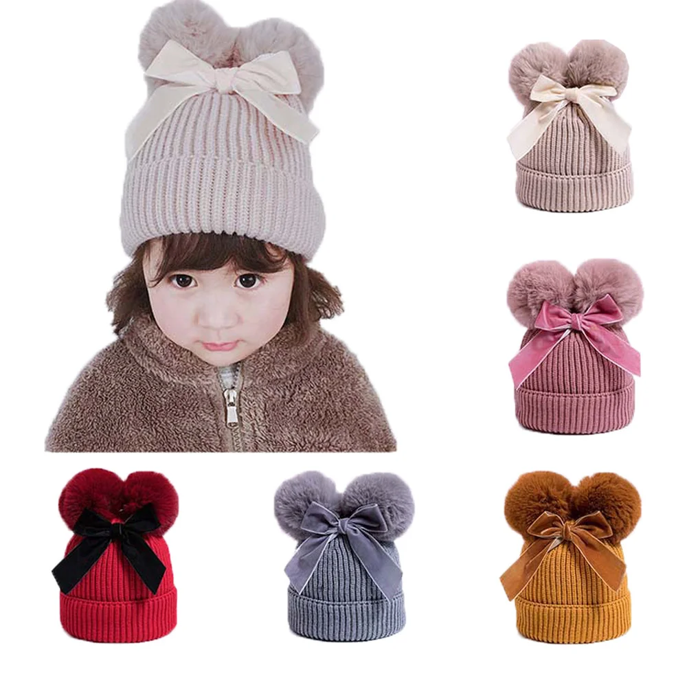 

Fashion Baby Winter Warm Knit Hat Infant Toddler Kid Crochet Fur Hairball Beanie Cap Infant Girls Bow Hat Cute 6 Months-3 Years