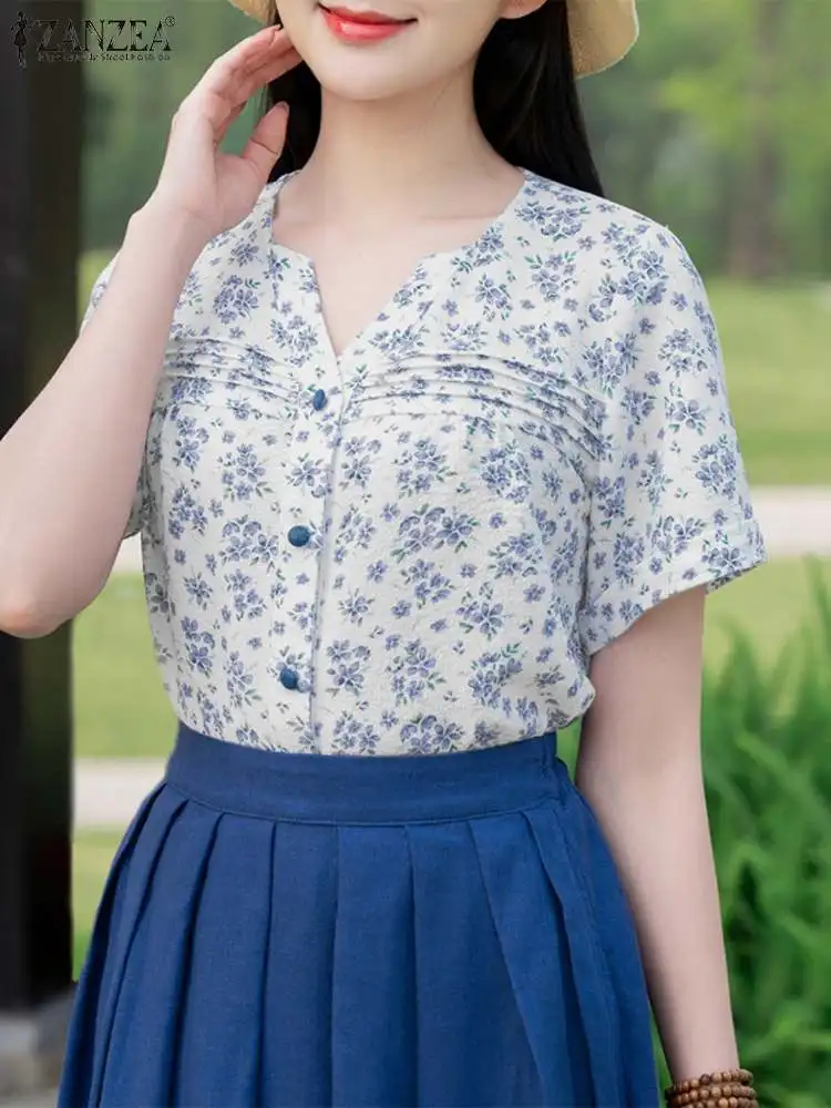 

Летние топы ZANZEA, женские рубашки с цветочным принтом, богемные блузки 2024, винтажная туника с коротким рукавом и V-образным вырезом, повседневные блузы
