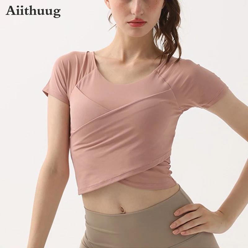 

Aiithuug Bulid-in Cup Yoga Tops Short Sleeve Cross Hem Athletic Compression Shirts Women's Breathable Yoga Gym Pilates Sportwear