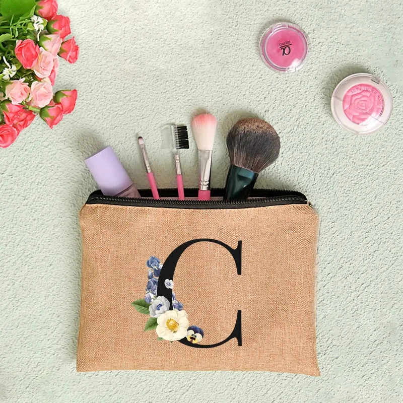 Floral Print Linen Zipper Pouch Cosmetic Travel Organizer