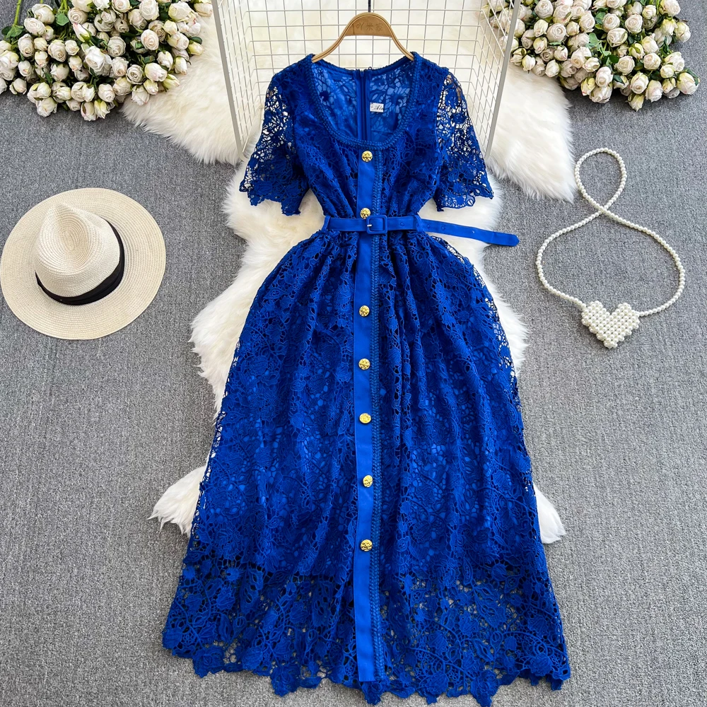 Pure Color Y2K Women A Line Elegant Office Ladies Vestidos Casual High Waist Short Sleeve Summer Party O Neck Zipper Pink Dress