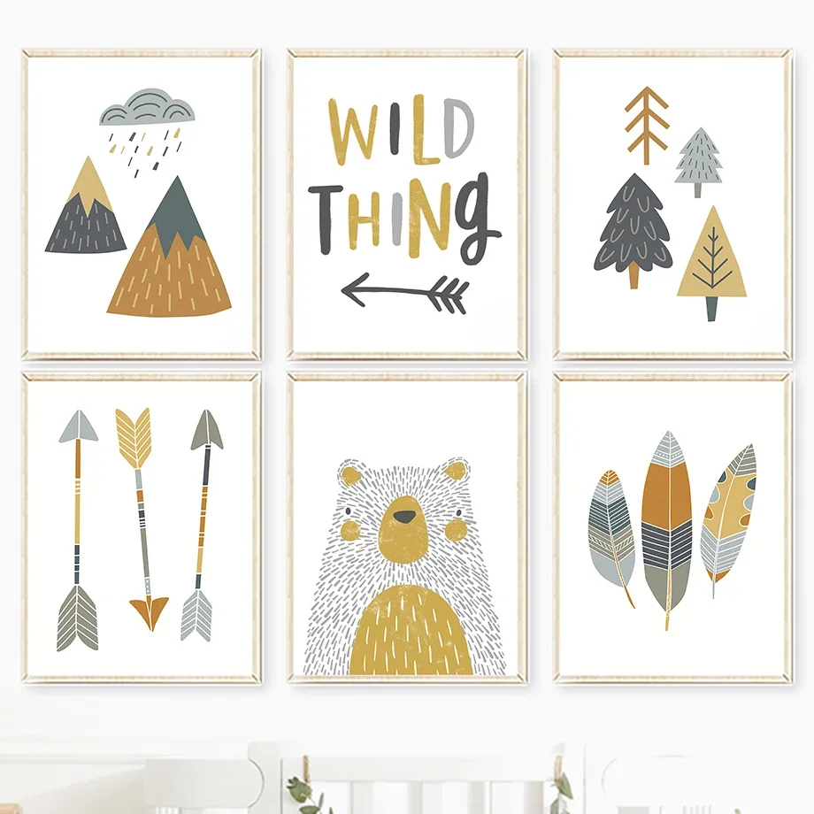 

Bear Tree Feather Mountain Growth Quote Wall Art Canvas Painting Nordic Posters And Prints Cartoon Wall Pictures Kids Room Decor